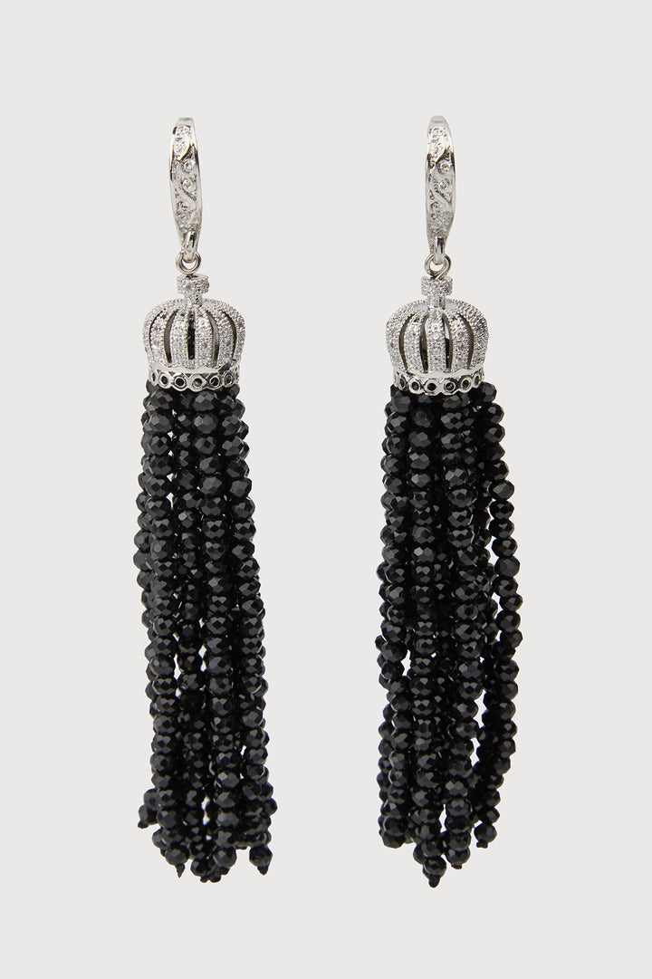 Crown Tassel Drop Earrings - Black