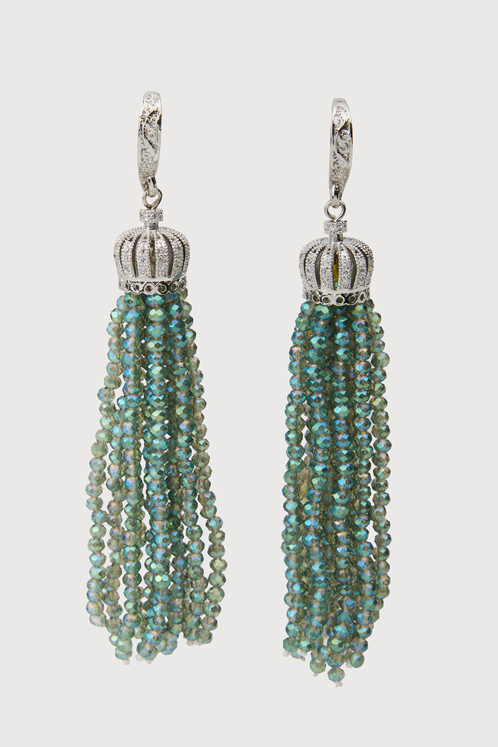 Crown Tassel Drop Earrings - Green