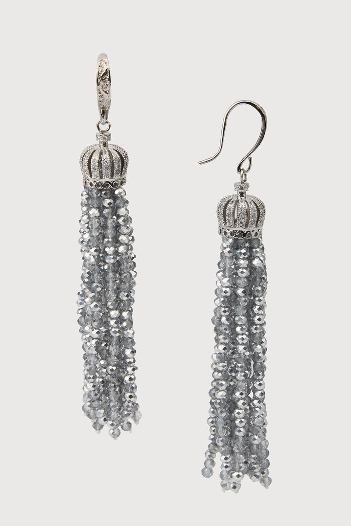 Crown Tassel Drop Earrings - Silver