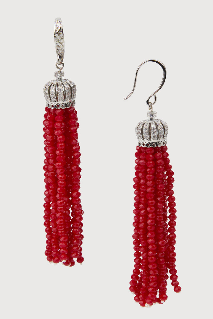 Crown Tassel Drop Earrings - Red