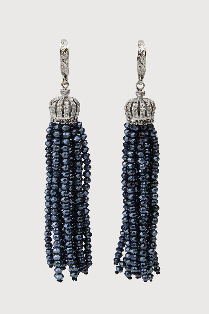Crown Tassel Drop Earrings - Navy