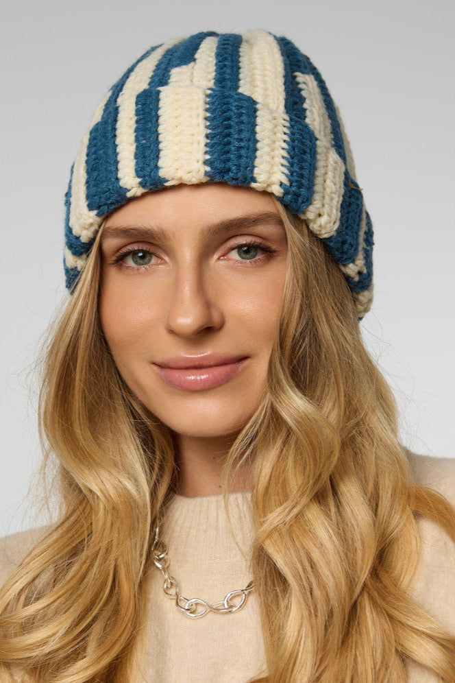 Candy Striped Chunky Beanie - Blue White