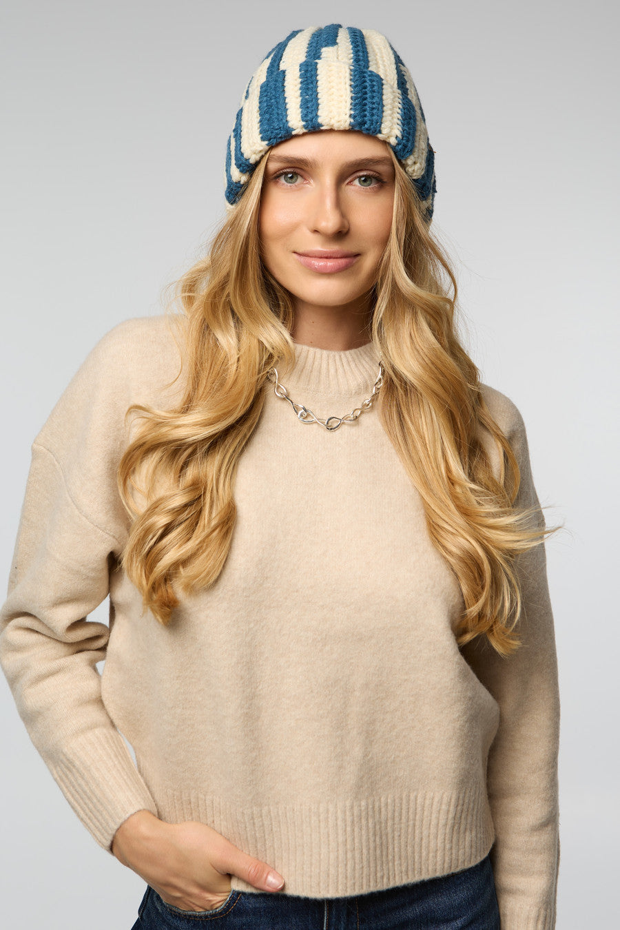 Candy Striped Chunky Beanie - Blue White