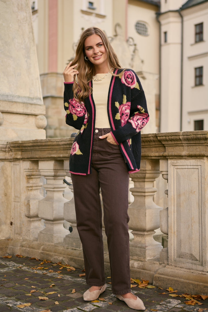 Flower Print Cardigan - Black Multi