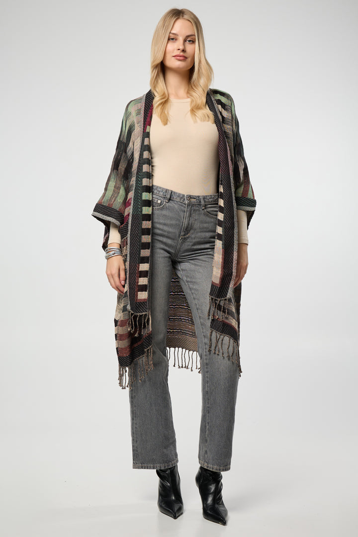 Cotton Retro Striped Fringe Long Jacket