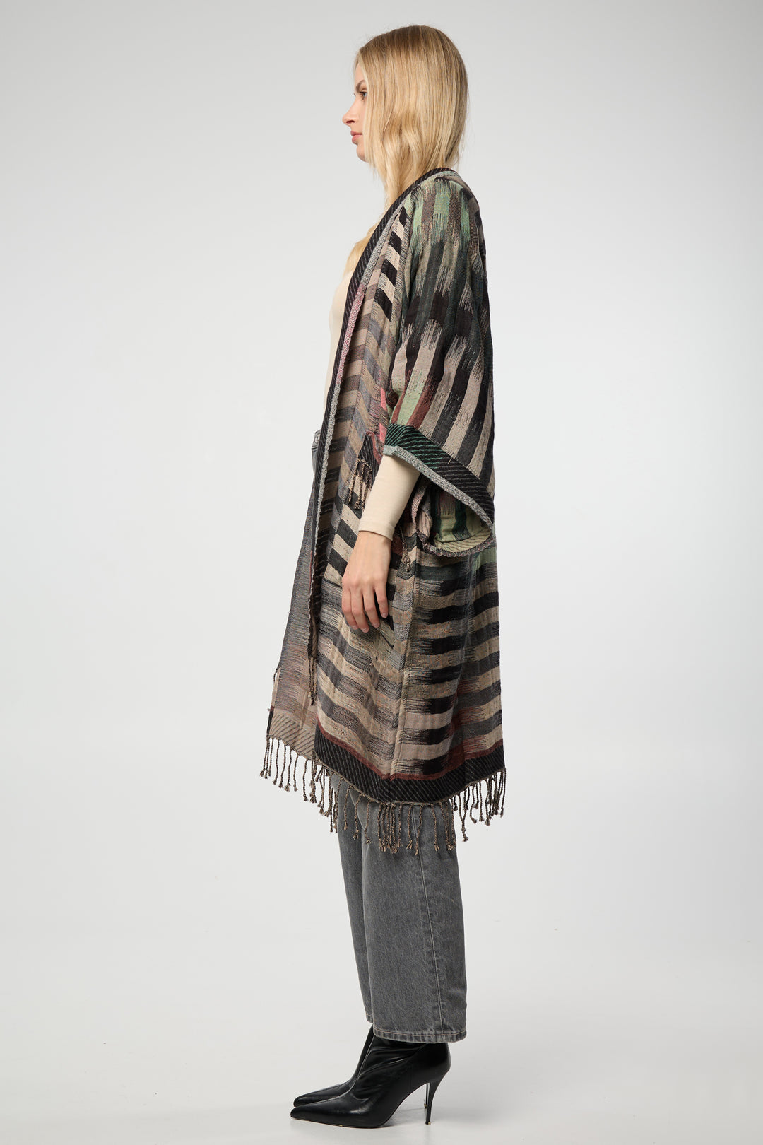 Cotton Retro Striped Fringe Long Jacket