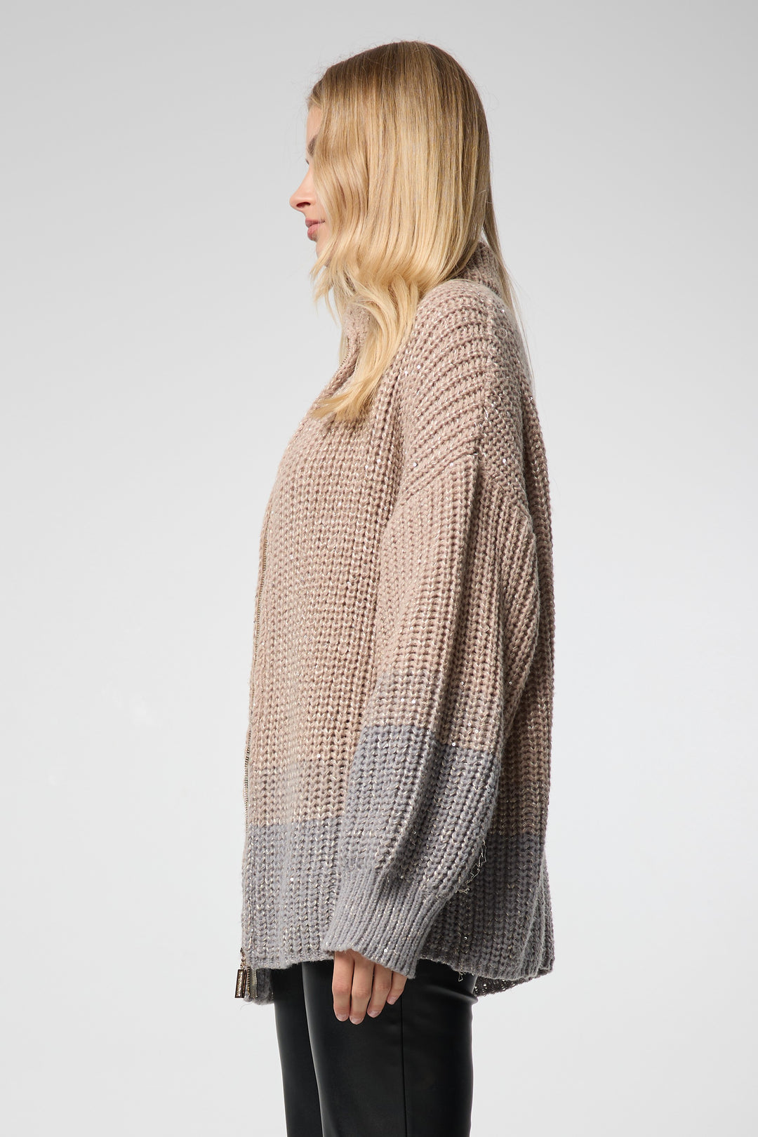 Zip Up Sequin Cardigan - Beige