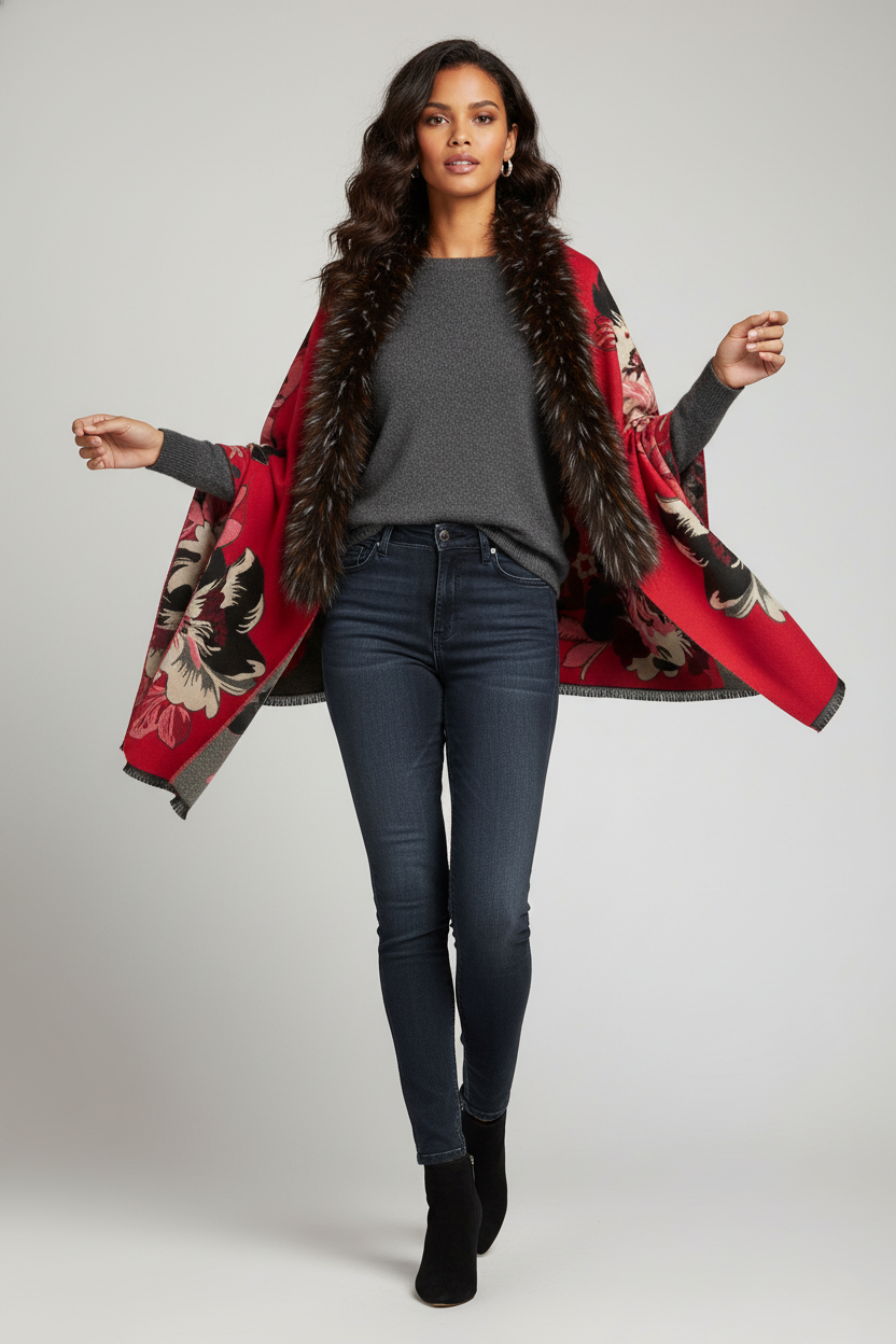 Bloom Reversible Fur Scarf - Red