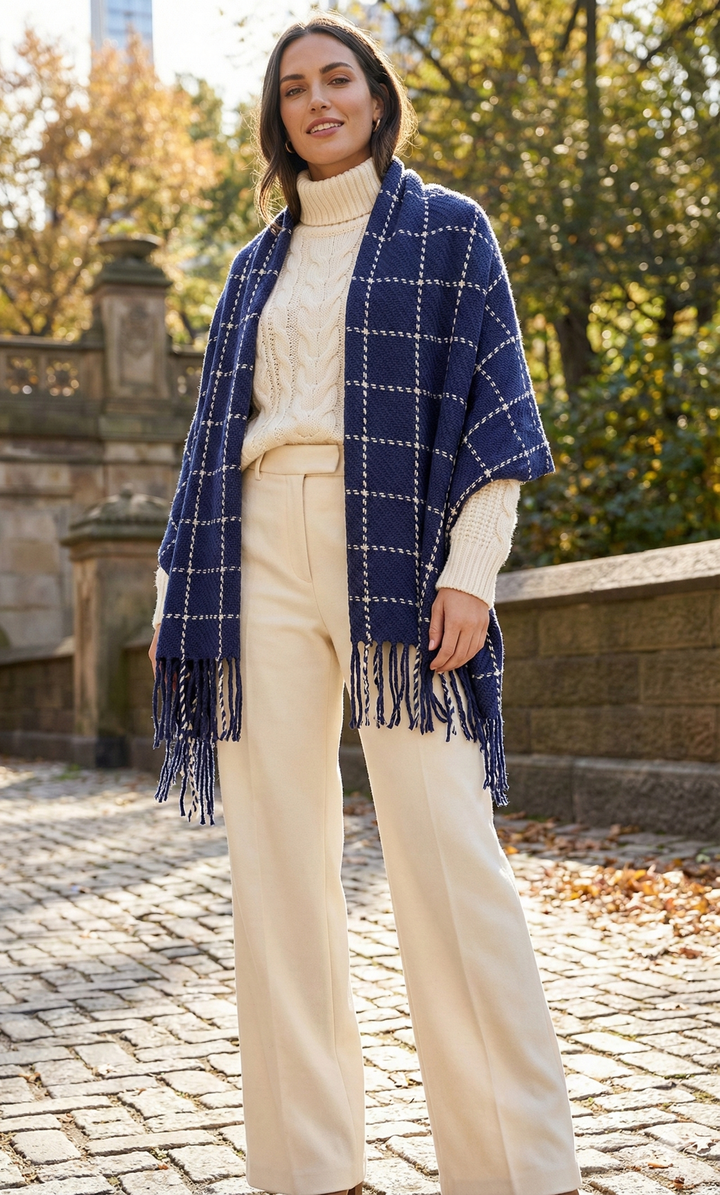 Stitched Plaid Acrylic Scarf With Fringe