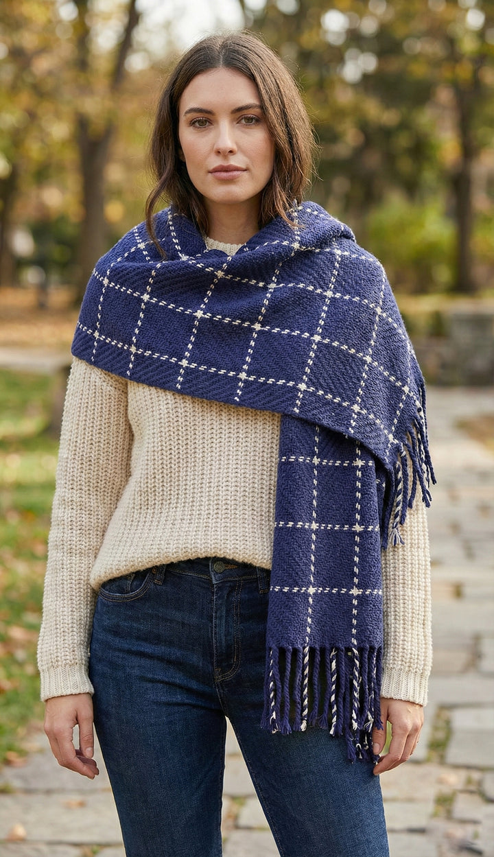 Stitched Plaid Acrylic Scarf With Fringe