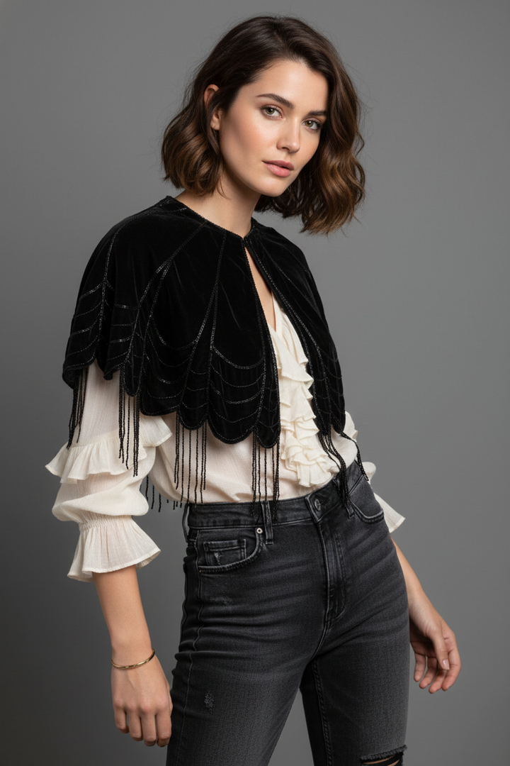 Scallops Embellished Velvet Capelet