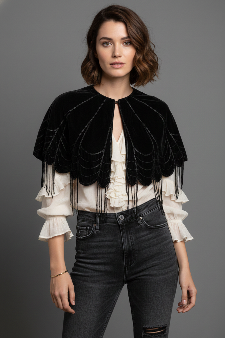 Scallops Embellished Velvet Capelet