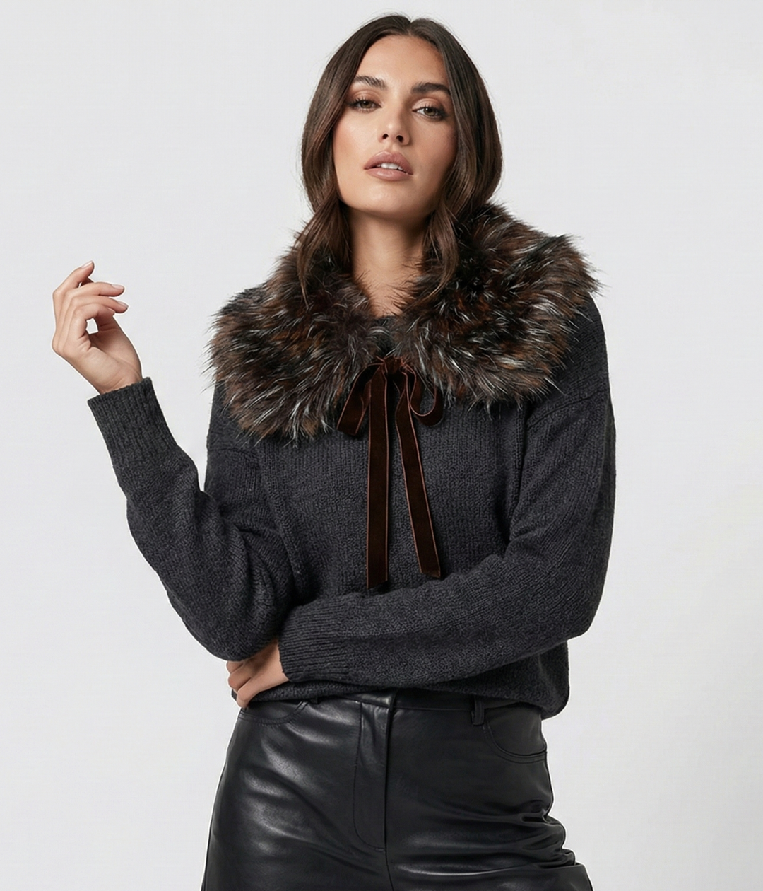 Faux Fur Tie Collar - Brown Multi