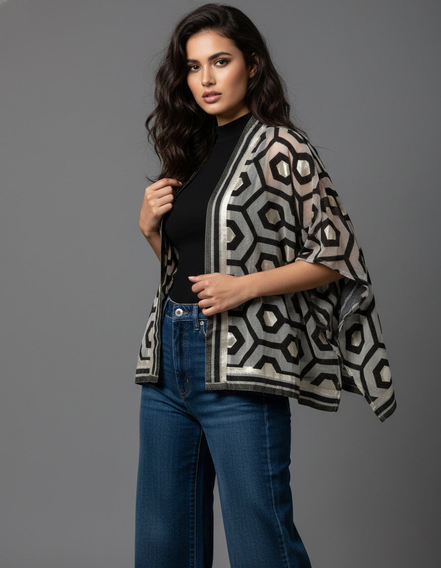 Geometric Cotton Short Poncho