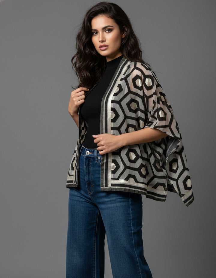 Geometric Cotton Short Poncho