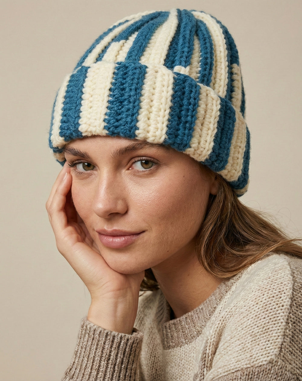 Candy Striped Chunky Beanie - Blue White