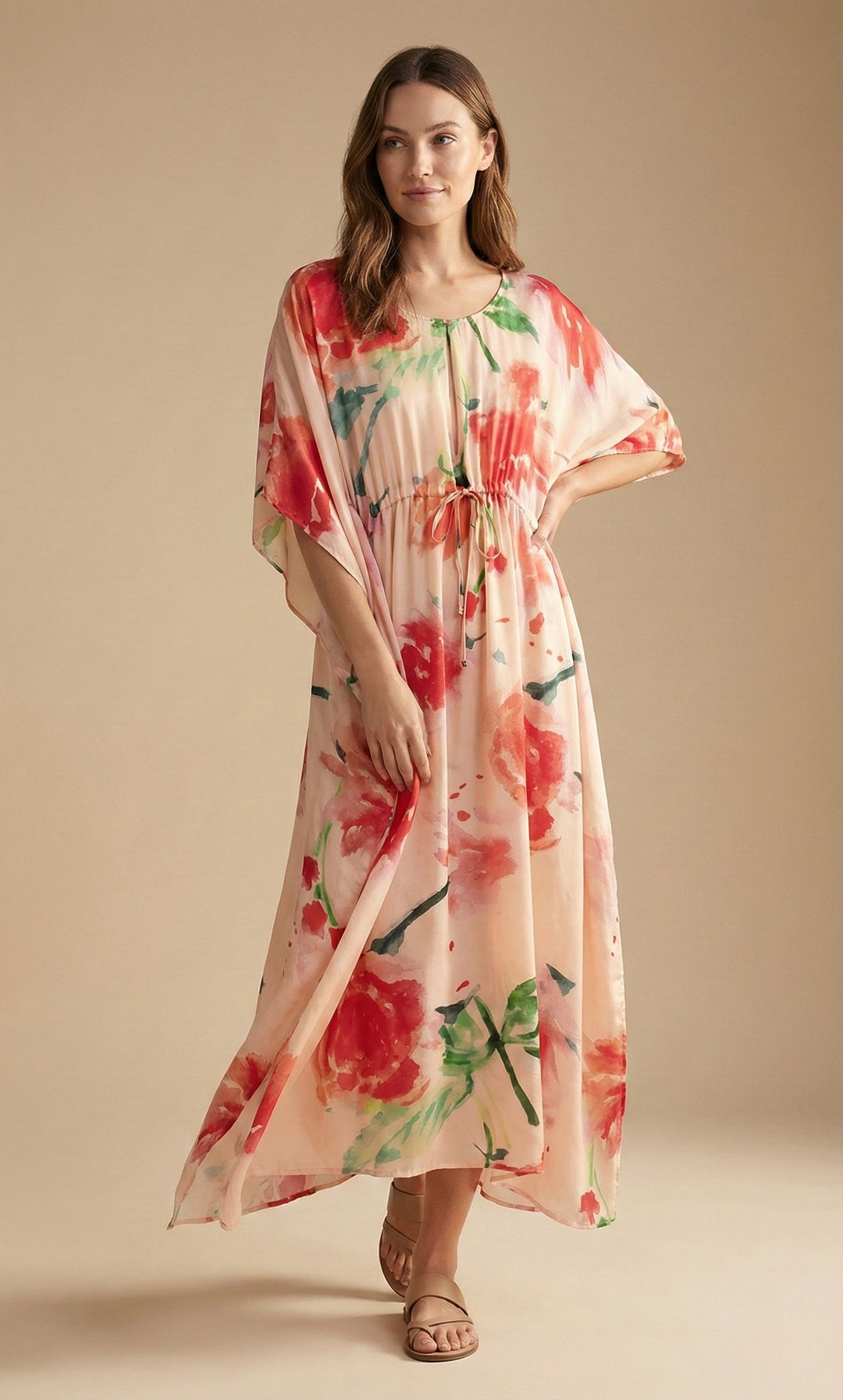 Delicate Floral Tie Waist Keyhole Kaftan