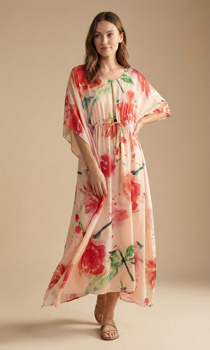 Delicate Floral Tie Waist Keyhole Kaftan