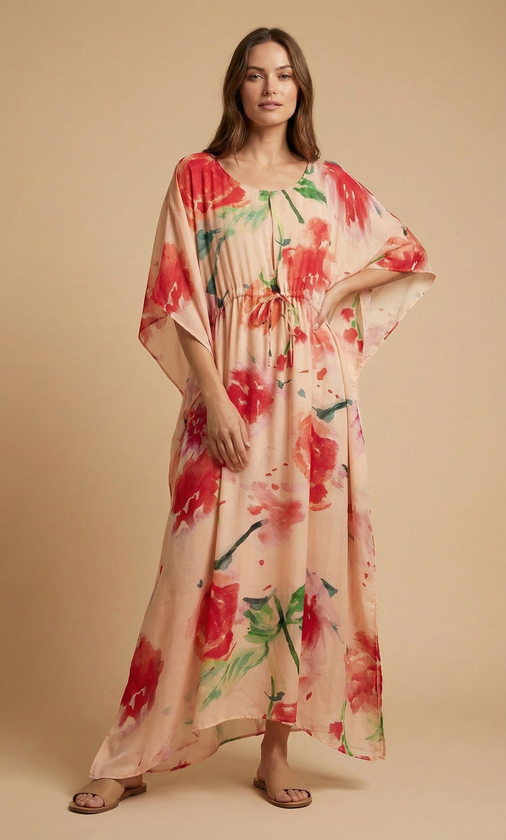 Delicate Floral Tie Waist Keyhole Kaftan