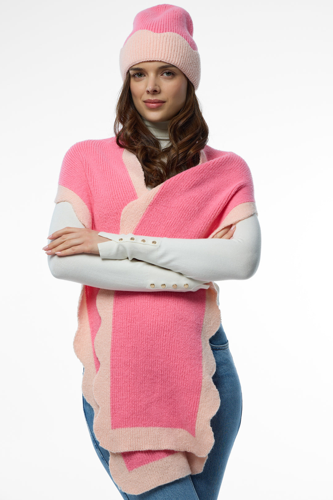 Scallop Trim Knit Scarf - Pink