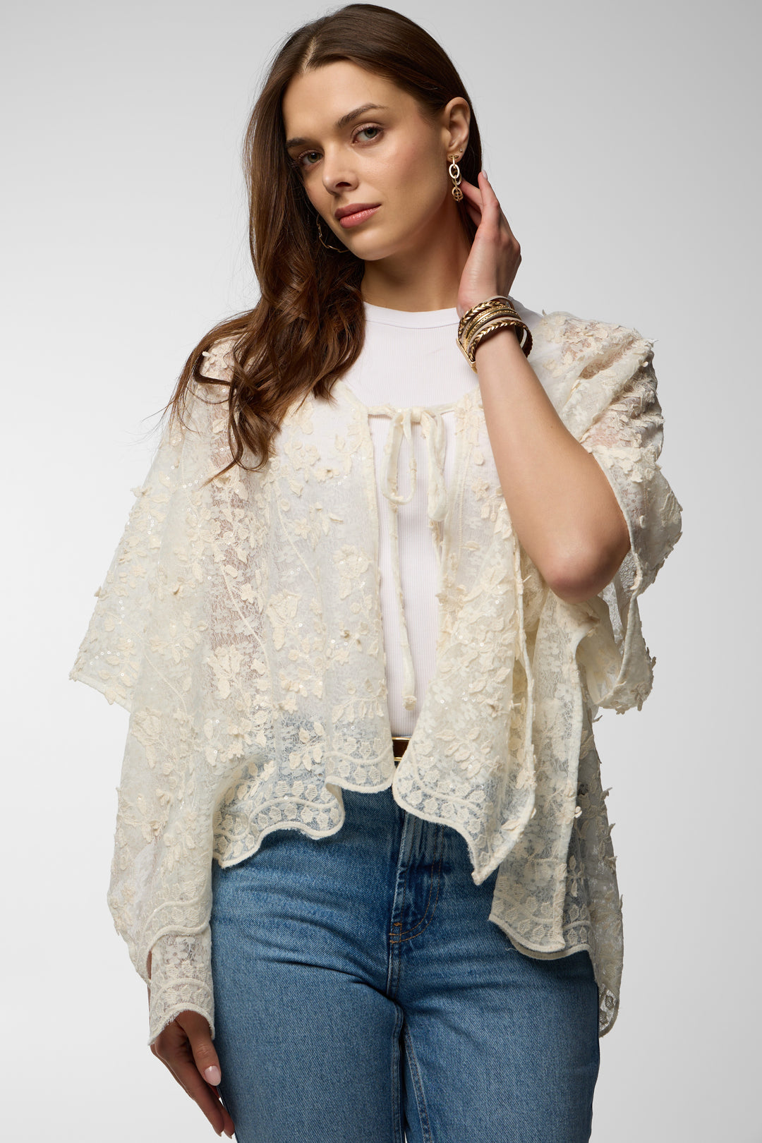 Floral Lace Tie Front Ruana