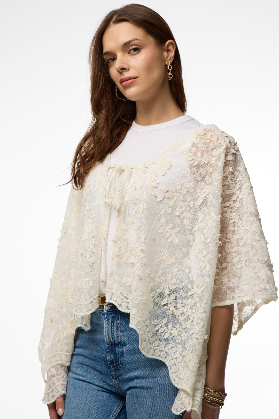 Floral Lace Tie Front Ruana