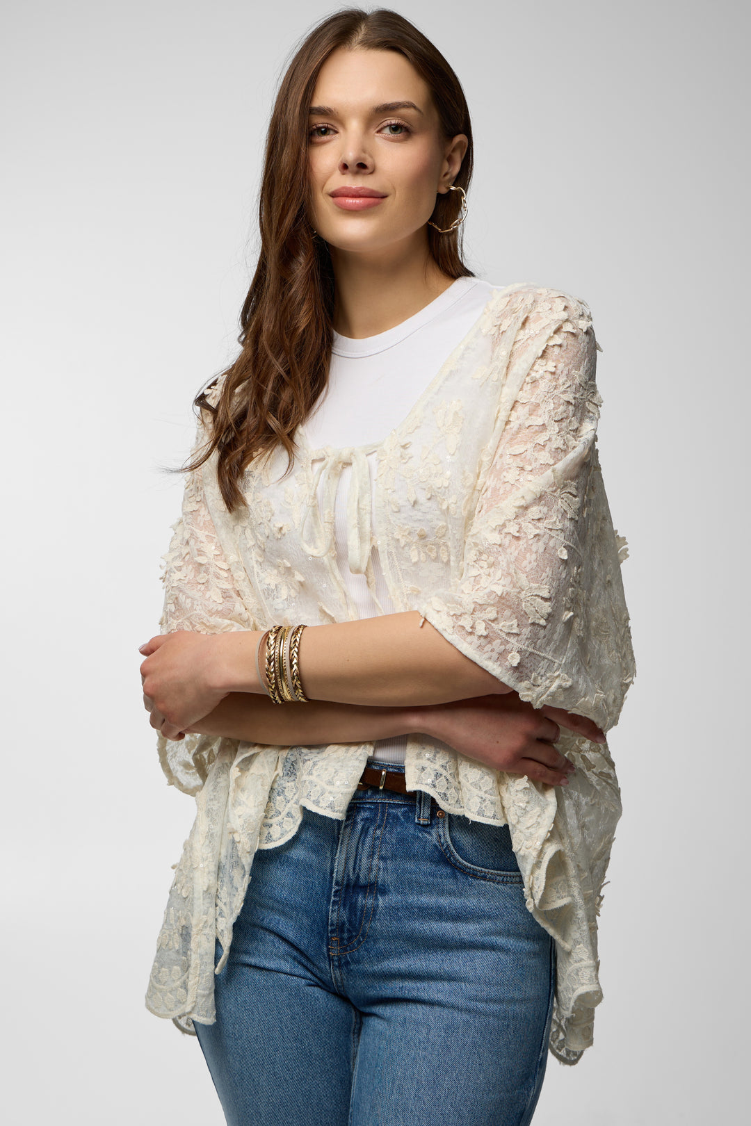 Floral Lace Tie Front Ruana