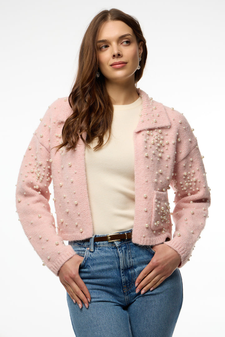 Pearl Collared Open Cardigan - Light Pink