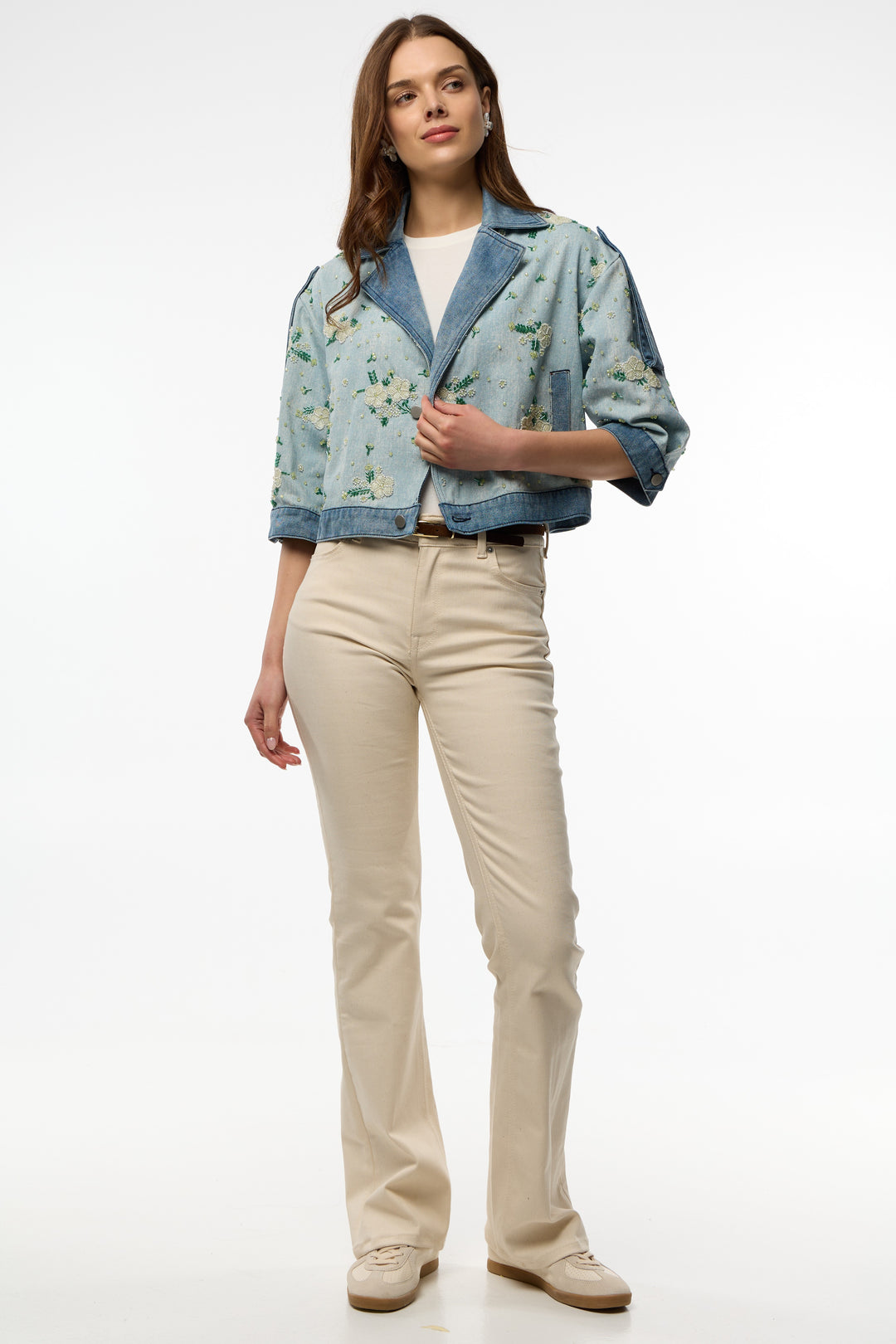 Flower Beaded Short Denim Jacket