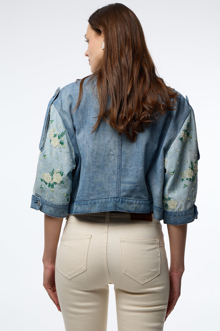 Flower Beaded Short Denim Jacket