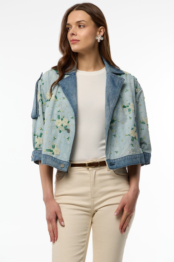 Flower Beaded Short Denim Jacket