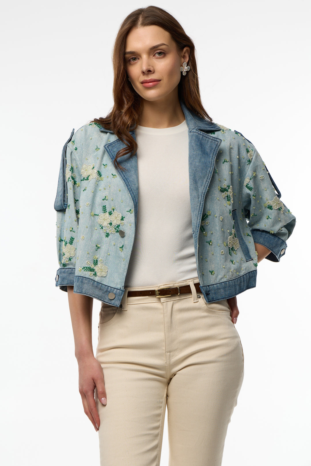 Flower Beaded Short Denim Jacket