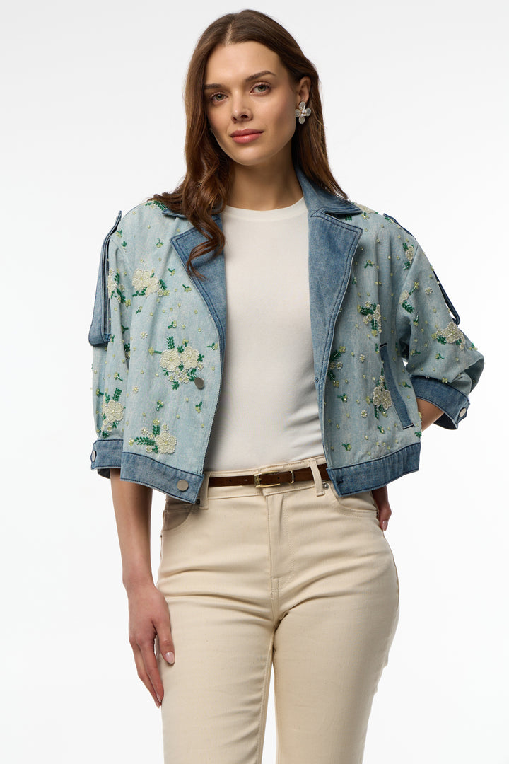 Flower Beaded Short Denim Jacket