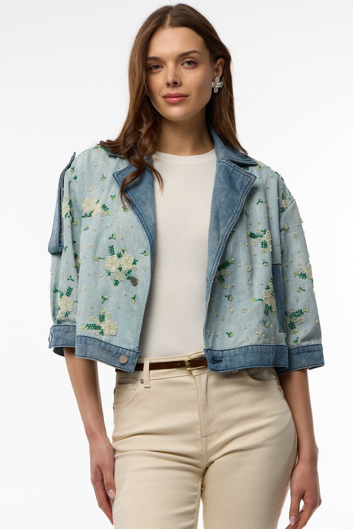 Flower Beaded Short Denim Jacket