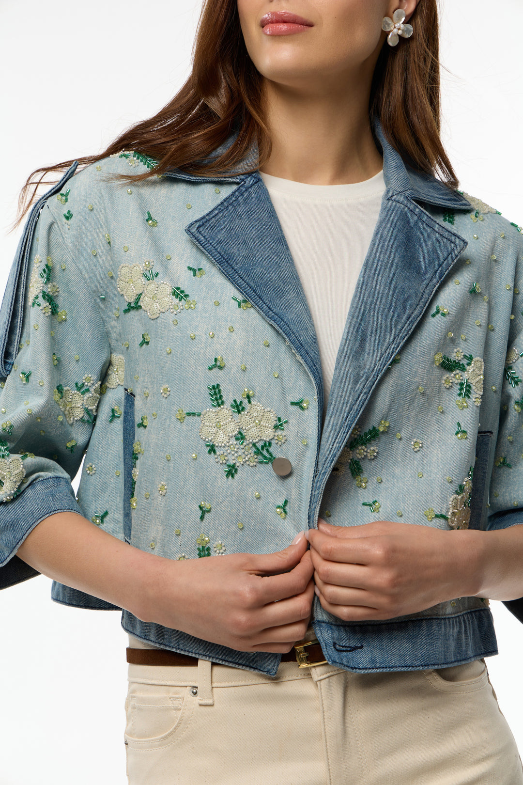 Flower Beaded Short Denim Jacket
