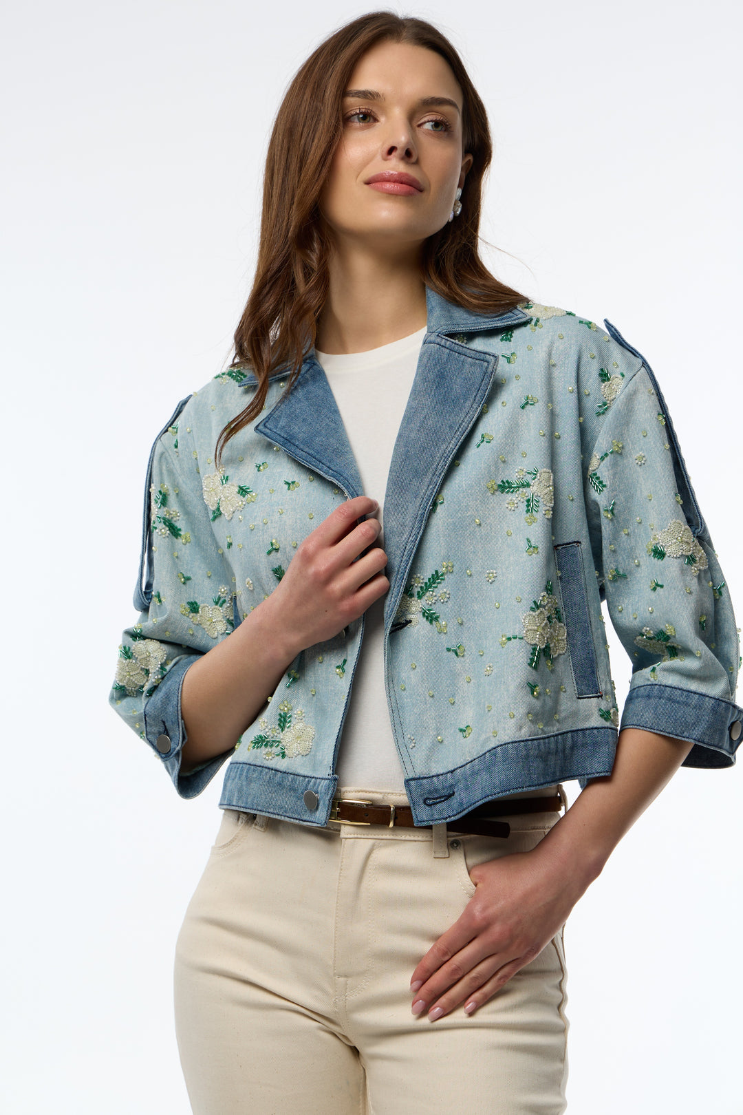Flower Beaded Short Denim Jacket
