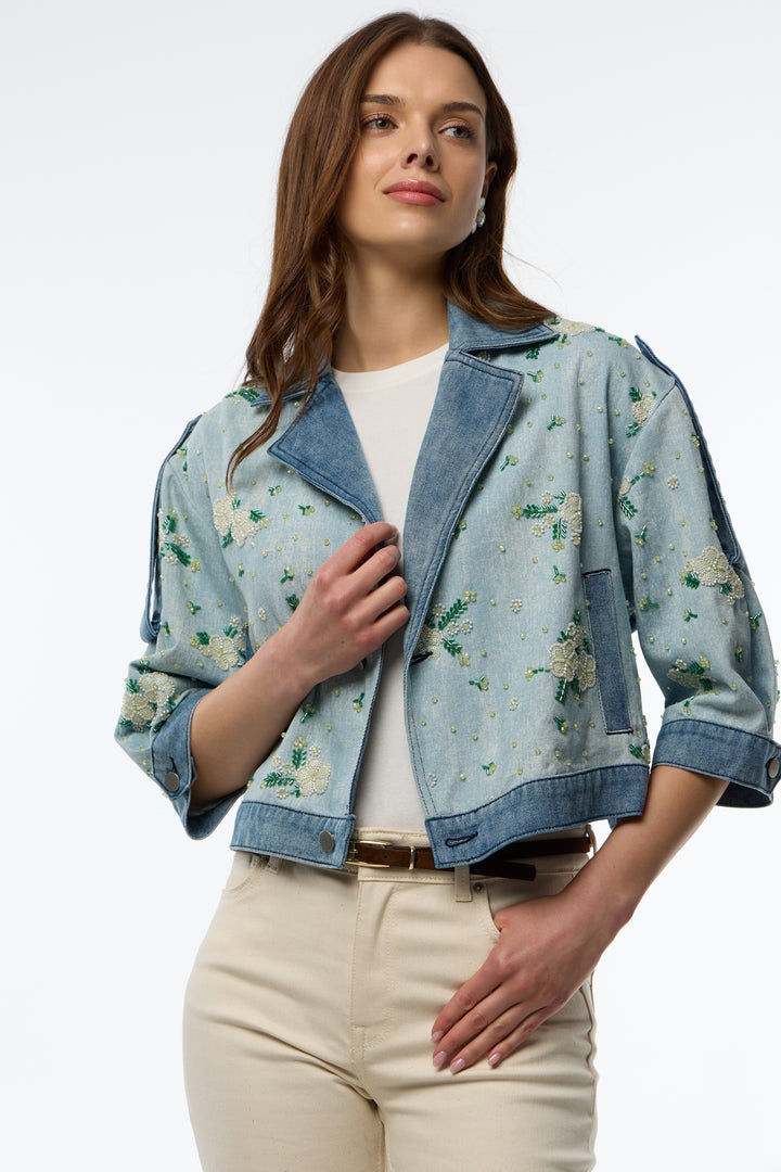 Flower Beaded Short Denim Jacket