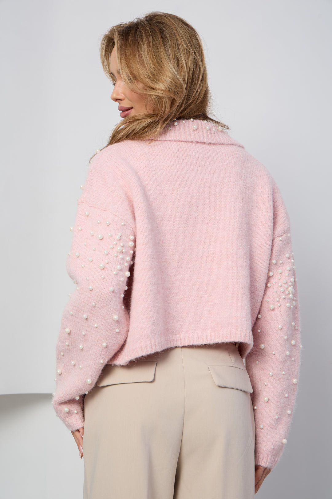Pearl Collared Open Cardigan - Light Pink