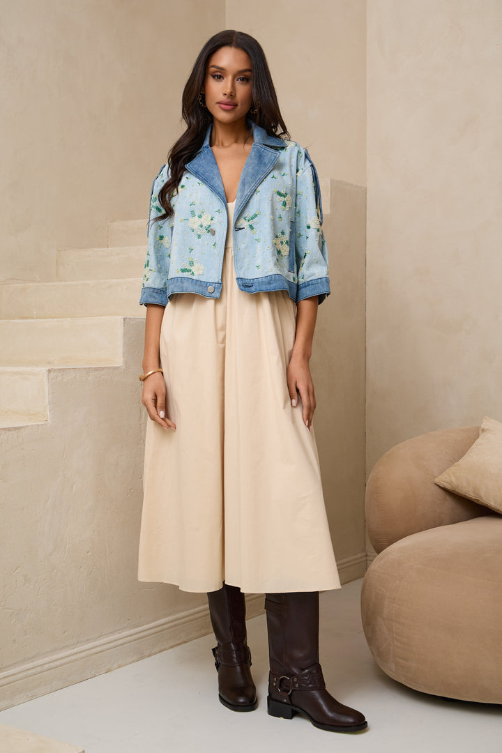Flower Beaded Short Denim Jacket
