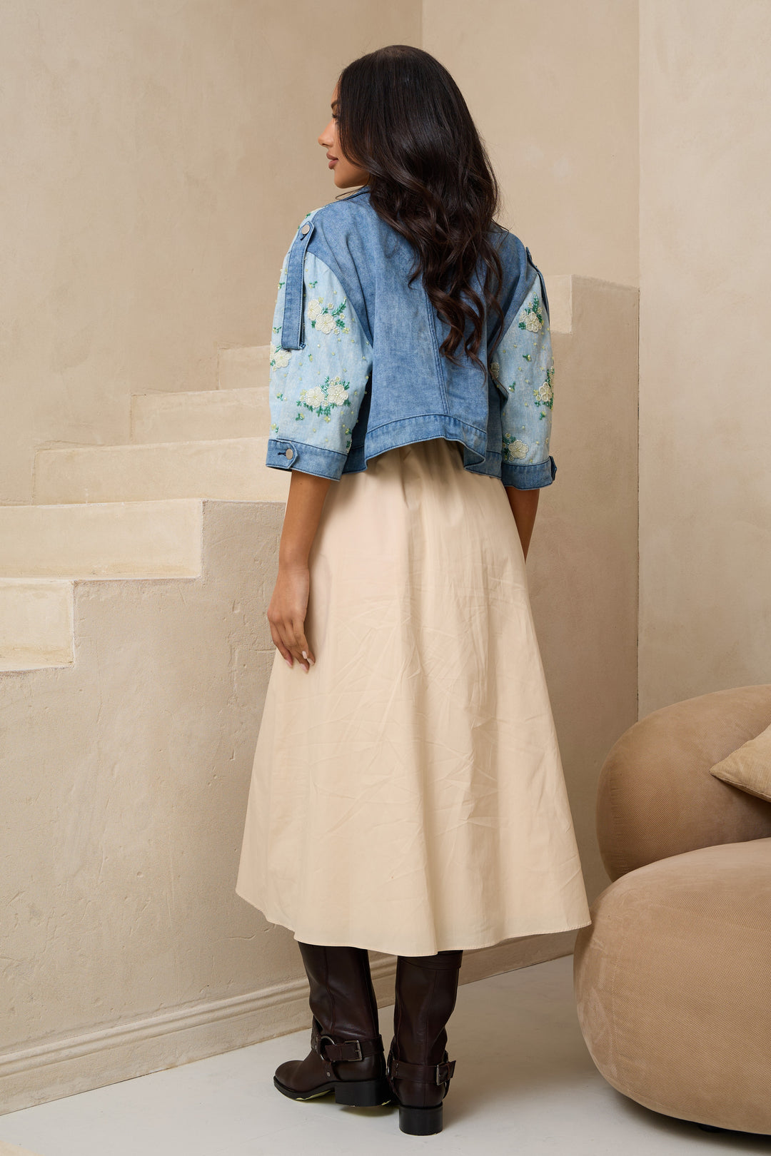 Flower Beaded Short Denim Jacket