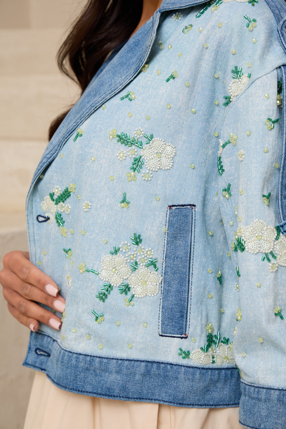 Flower Beaded Short Denim Jacket