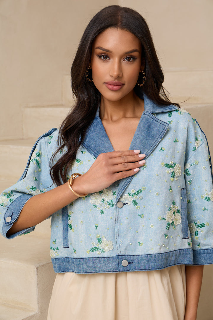 Flower Beaded Short Denim Jacket