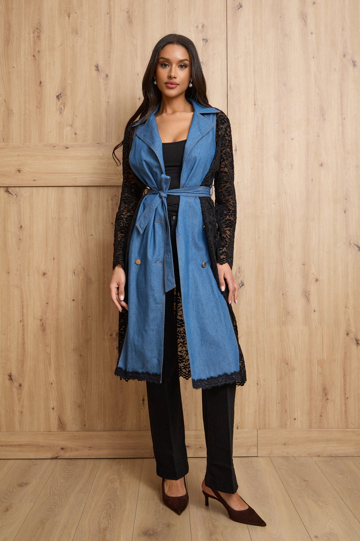 Lace Denim Trench Coat Jacket