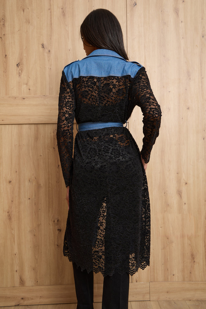 Lace Denim Trench Coat Jacket
