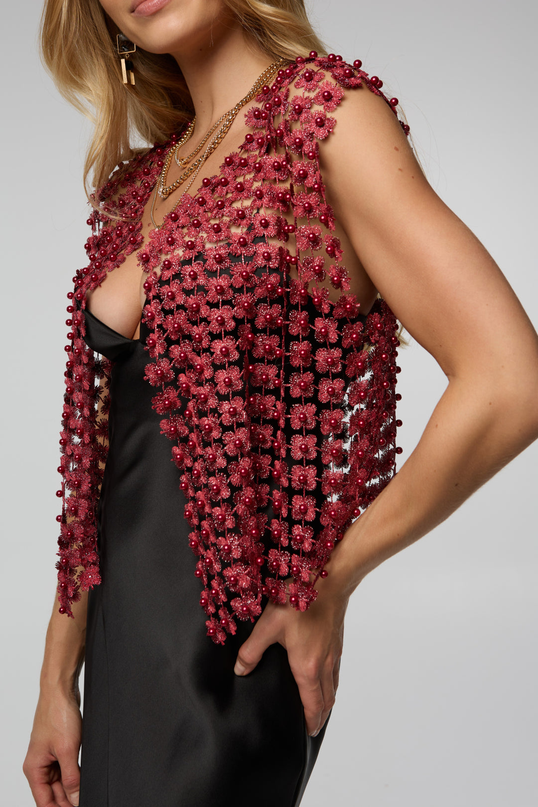Pearl Accented Floral Shell - Burgundy