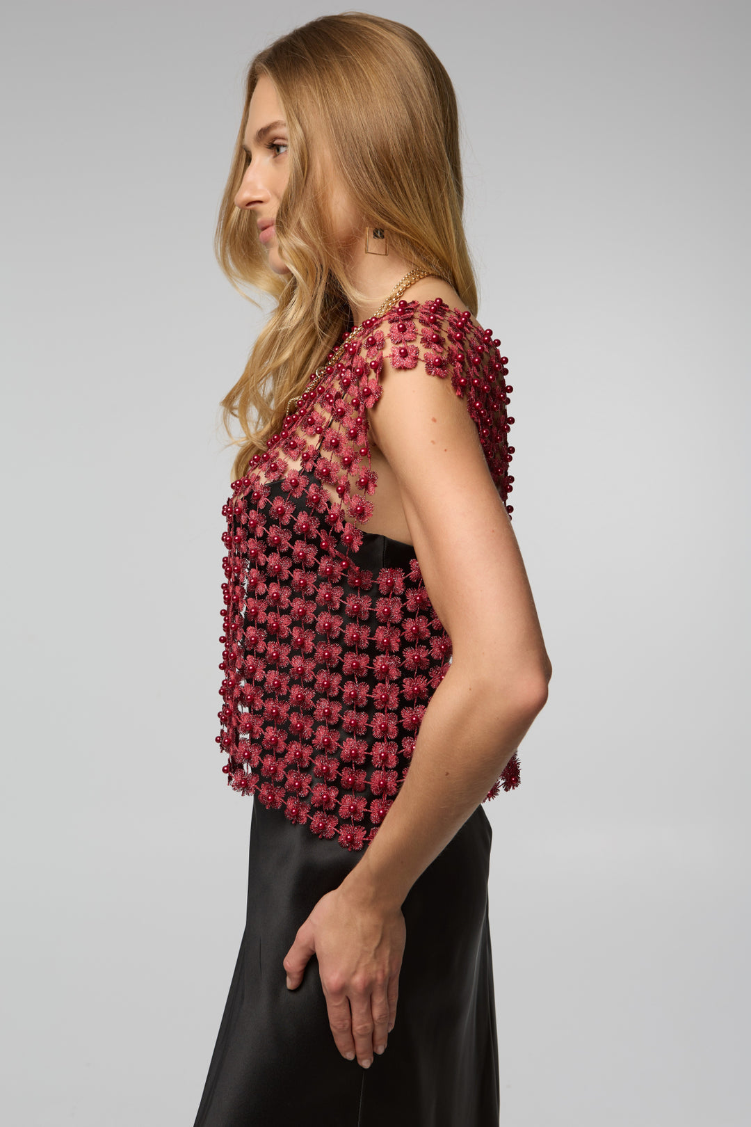 Pearl Accented Floral Shell - Burgundy