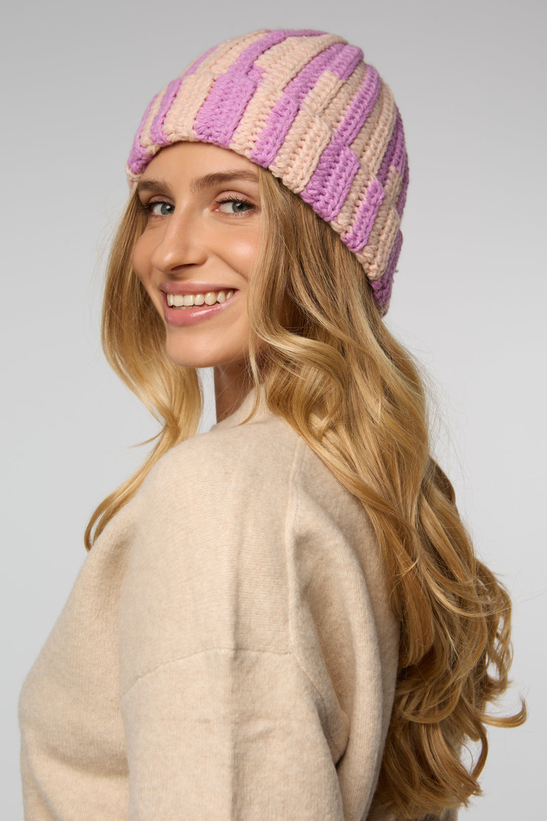 Candy Striped Chunky Beanie - Pink Combo
