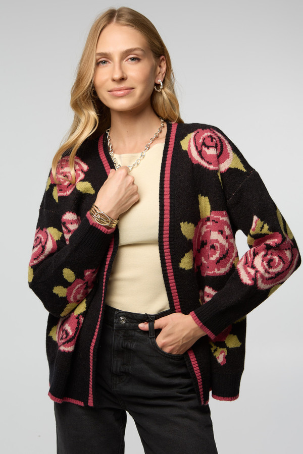 Flower Print Cardigan - Black Multi
