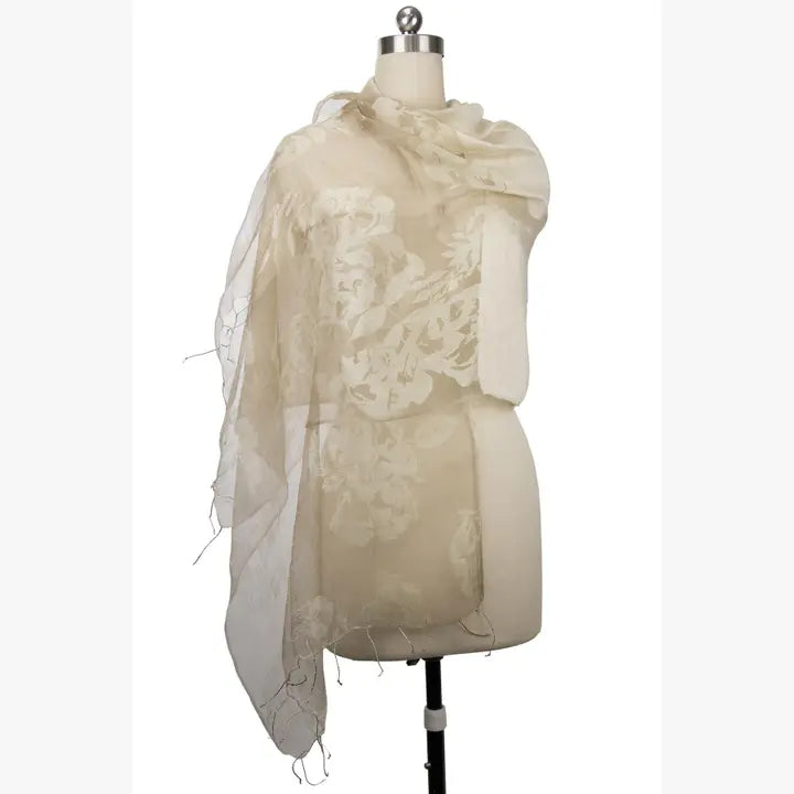 Botanical Silk Scarf with twisted fringes