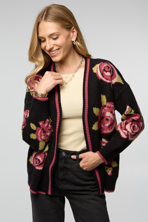 Flower Print Cardigan - Black Multi